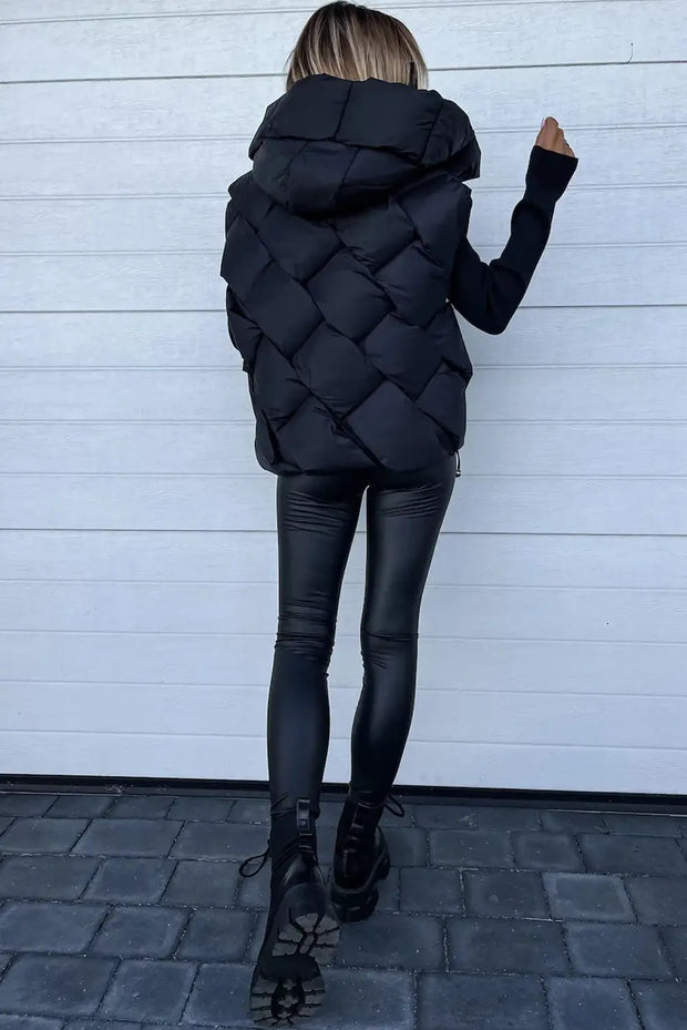 Black Quilted Zipper Front Hooded Vest Coat-4