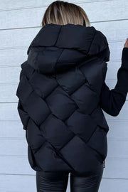 Black Quilted Zipper Front Hooded Vest Coat-1
