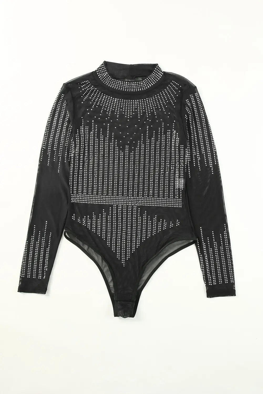 Black Rhinestone Sheer Mesh Long Sleeve Bodysuit-14