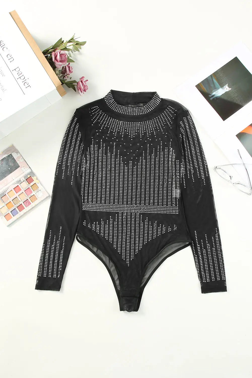 Black Rhinestone Sheer Mesh Long Sleeve Bodysuit-12