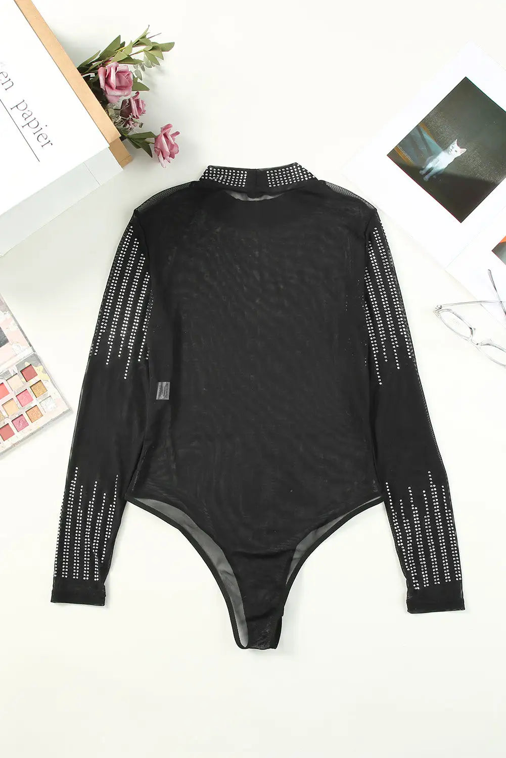 Black Rhinestone Sheer Mesh Long Sleeve Bodysuit-13