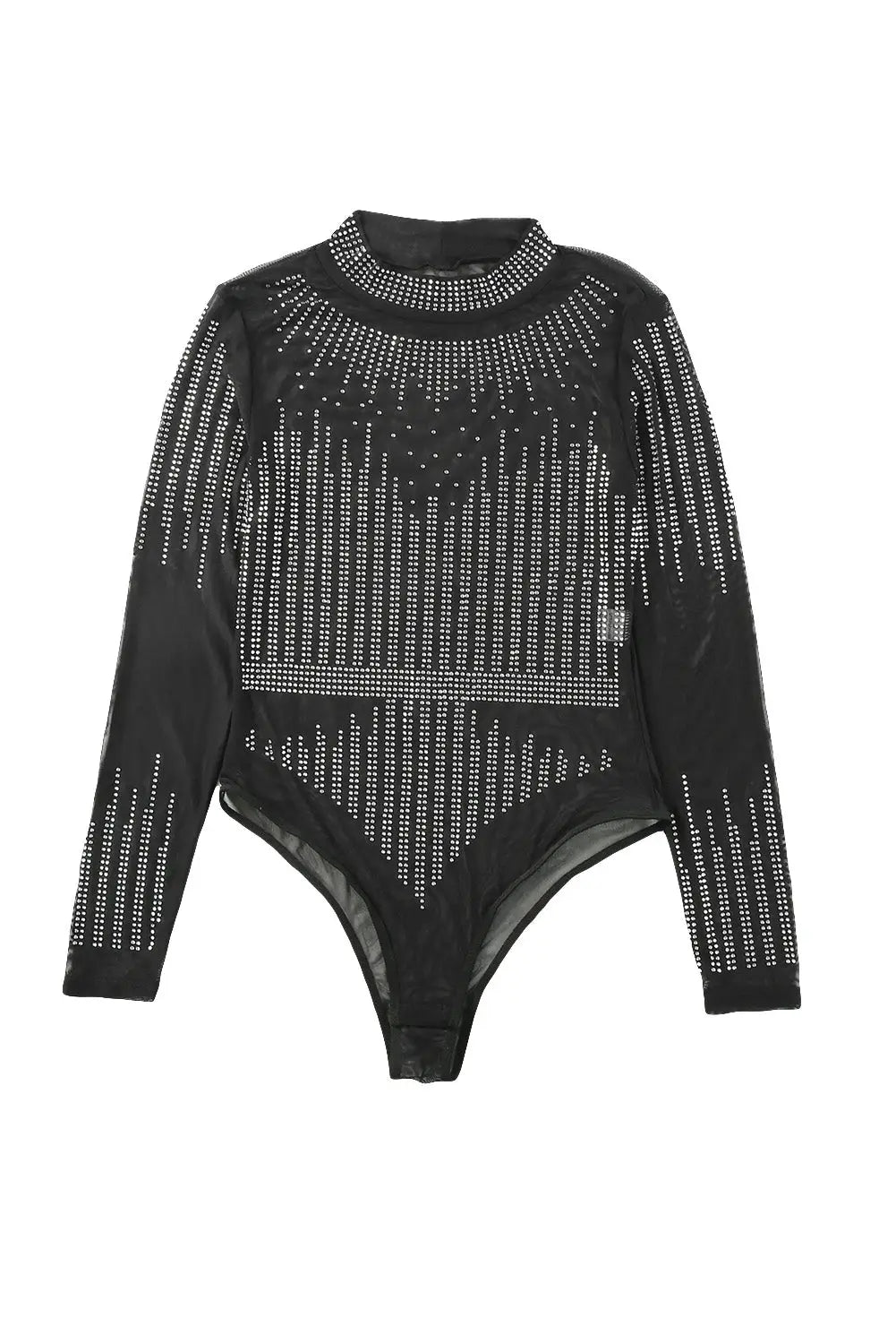 Black Rhinestone Sheer Mesh Long Sleeve Bodysuit-21