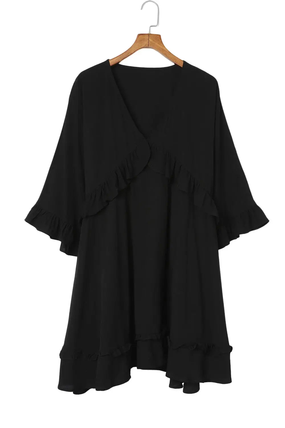 Black Ruffled 3/4 Sleeve V Neck Babydoll Mini Dress-12