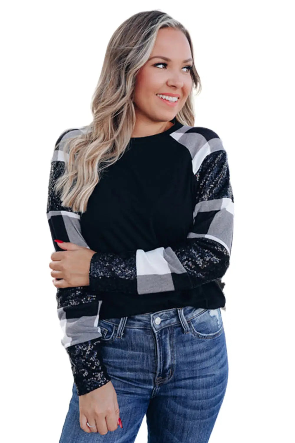 Black Sequin Plaid Patchwork Raglan Sleeve Top-8