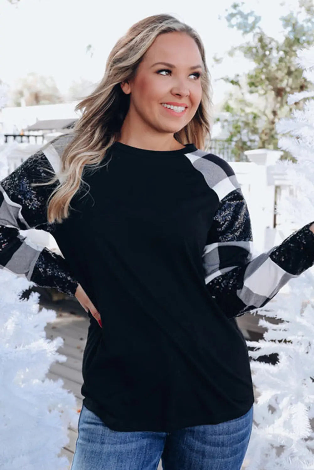 Black Sequin Plaid Patchwork Raglan Sleeve Top-3