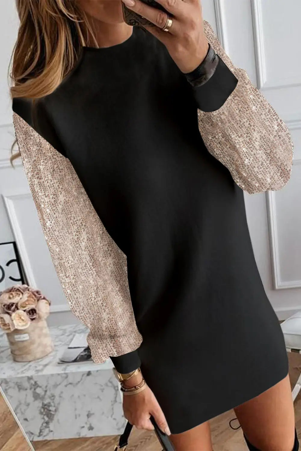 Black Sequin Puff Sleeve Shift Mini Dress-1