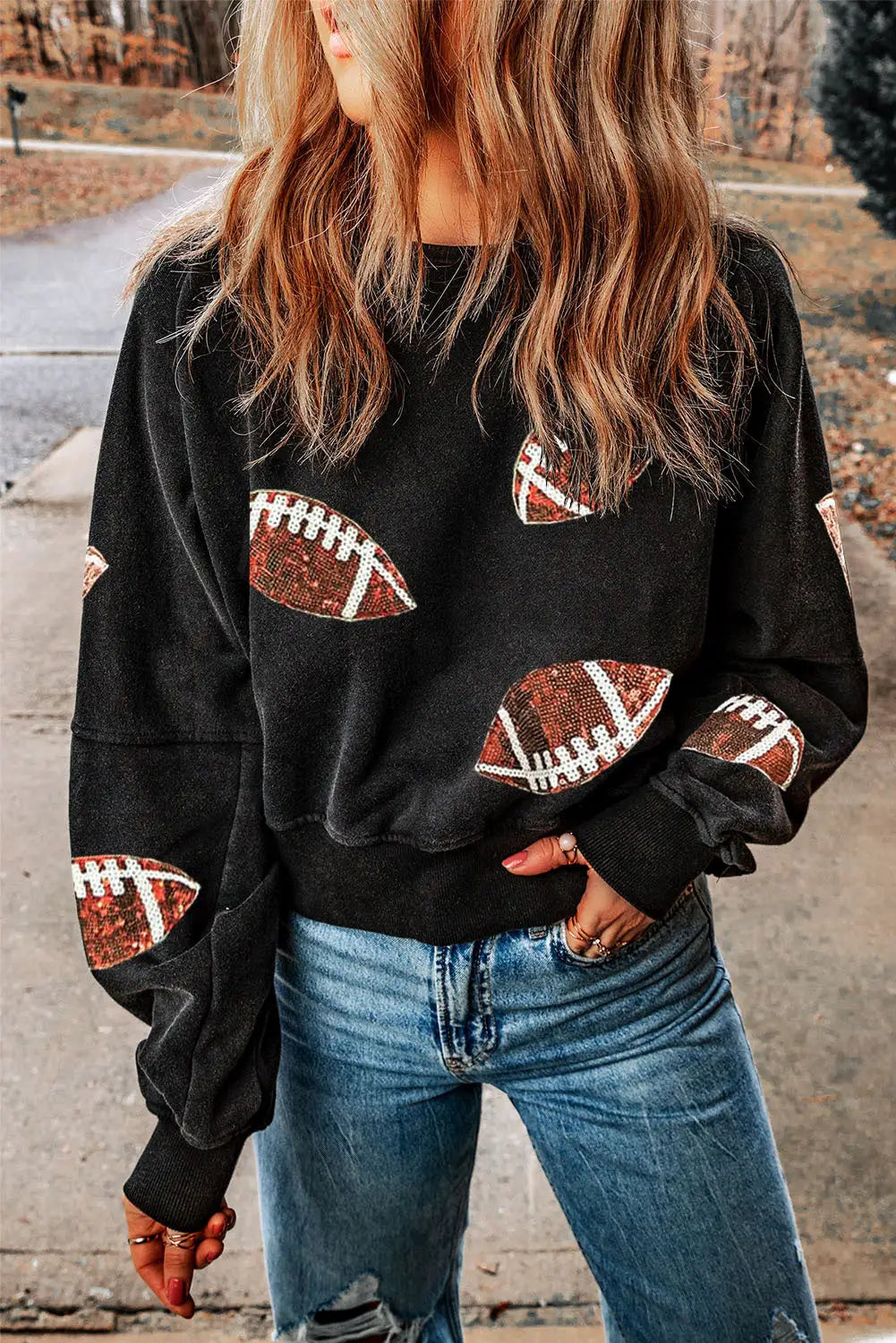 Black Sequined Jack O Lantern Corded Baggy Sweatshirt-14