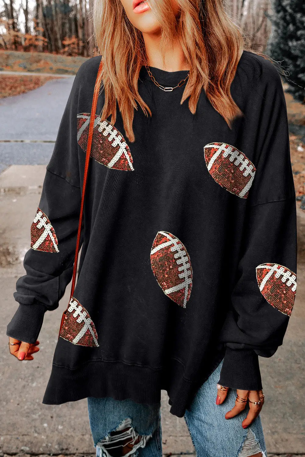 Black Sequined Jack O Lantern Corded Baggy Sweatshirt-20