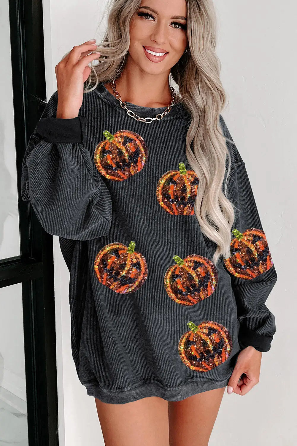 Black Sequined Jack O Lantern Corded Baggy Sweatshirt-1