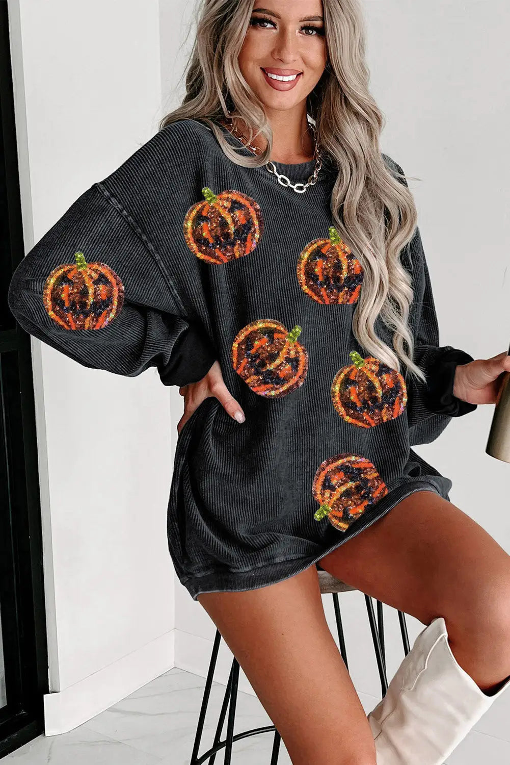 Black Sequined Jack O Lantern Corded Baggy Sweatshirt-2