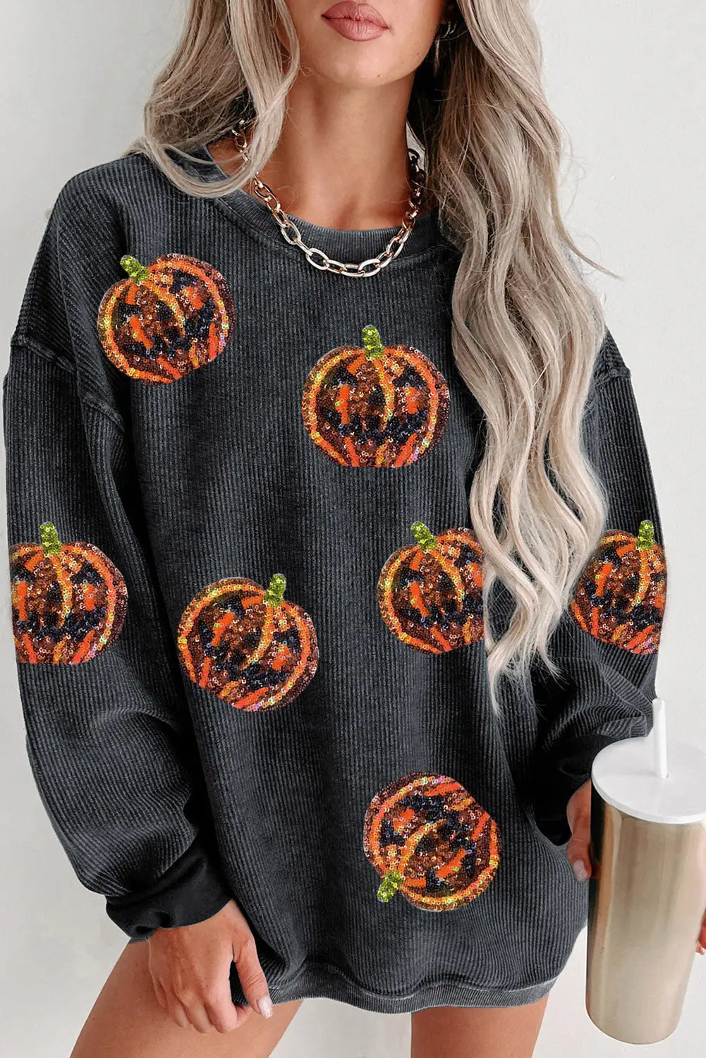 Black Sequined Jack O Lantern Corded Baggy Sweatshirt-0