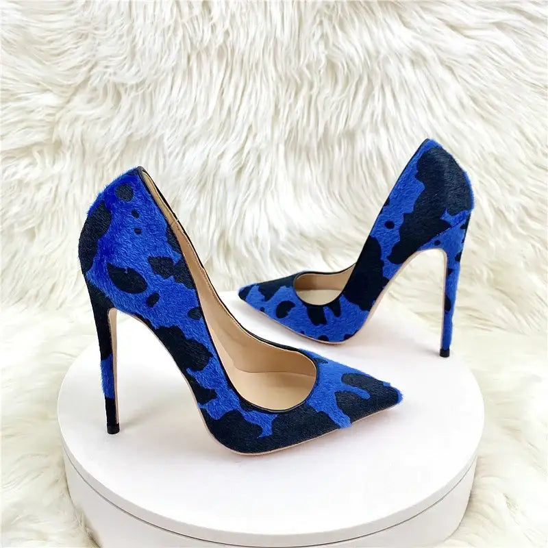 Blue Black Graffiti Suede Stiletto High Heels Shoes-3