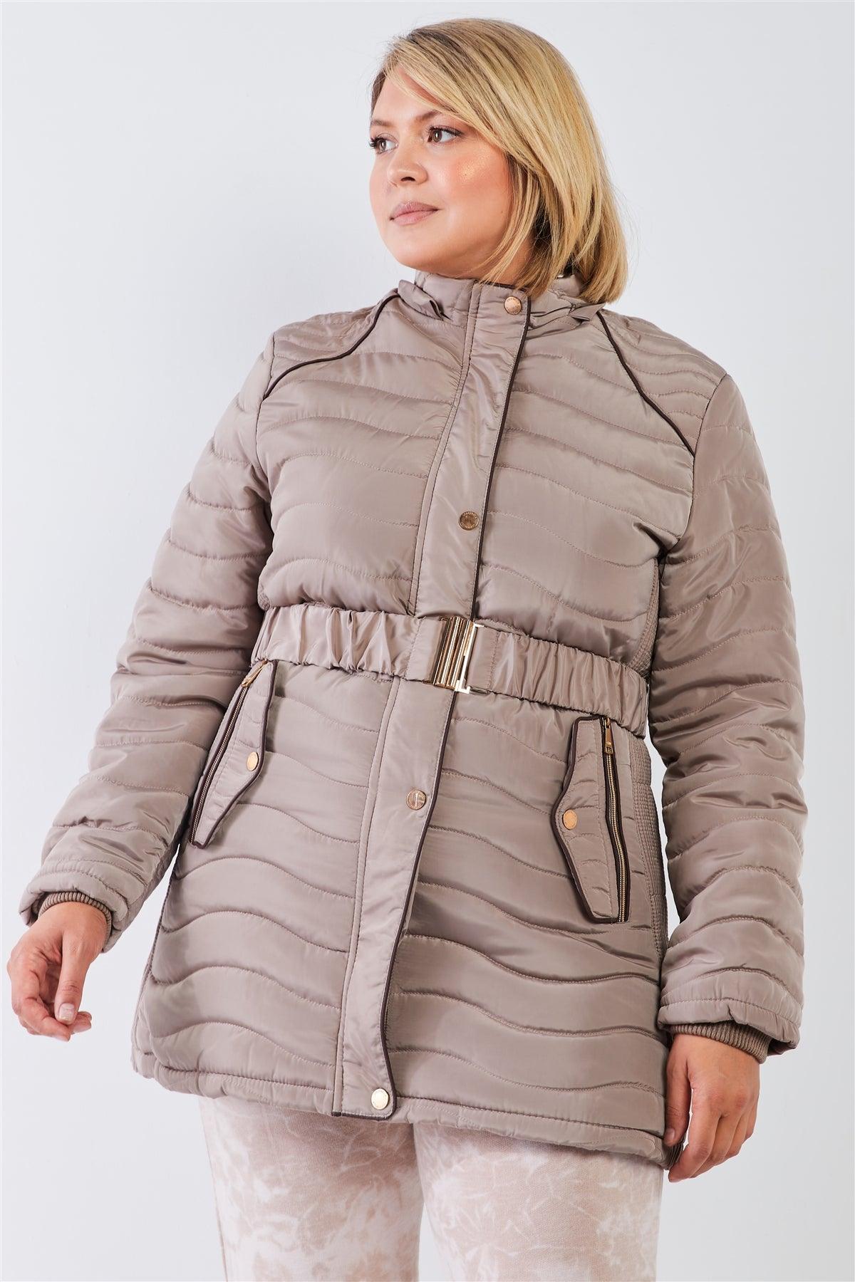 Junior Plus Beige-Tan Wavy Quilt Padded Faux Fur Detachable Hood Belted Long Puffer Jacket-0