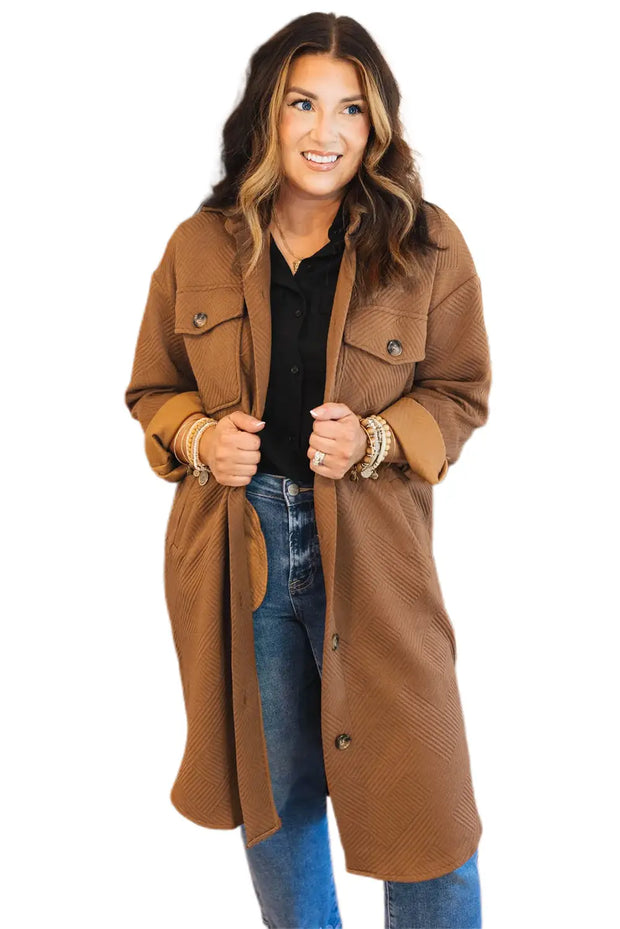 Chestnut Solid Color Textured Chest Pockets Midi Shacket-4