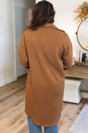 Chestnut Solid Color Textured Chest Pockets Midi Shacket-1
