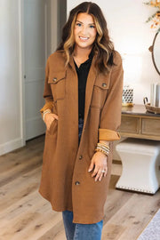 Chestnut Solid Color Textured Chest Pockets Midi Shacket-2