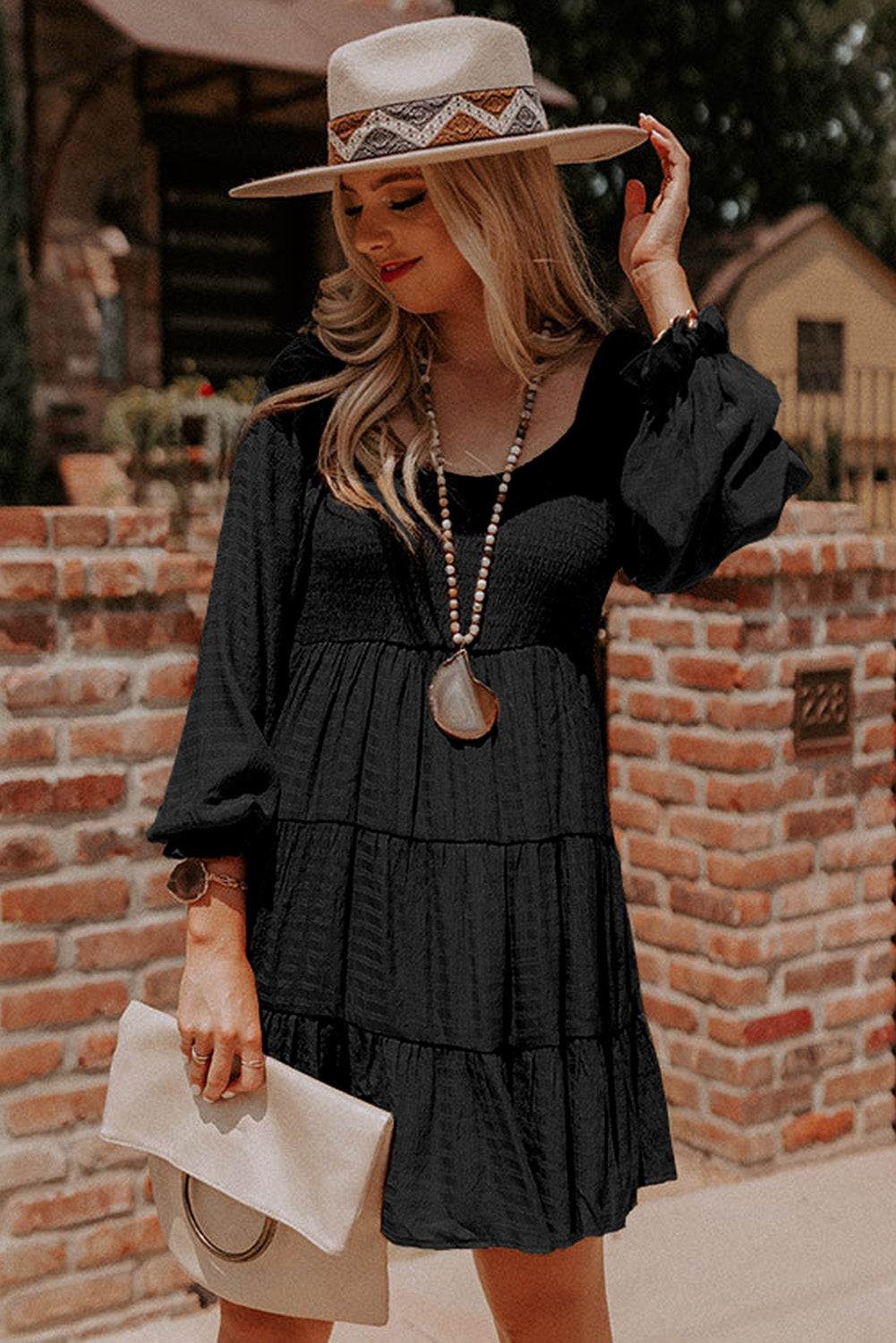 Black Puff Sleeve Smocked Tiered Short Dress - Street Rider Apparel