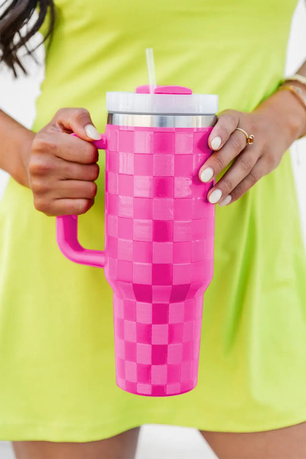 Dark Pink Checkered Print Handled Stainless Steel Tumbler Cup 40oz-0