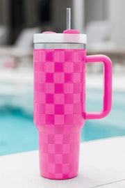 Dark Pink Checkered Print Handled Stainless Steel Tumbler Cup 40oz-2