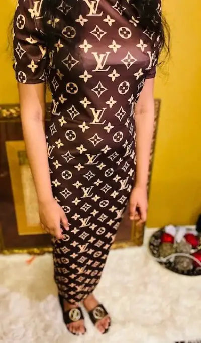 LV Design Short Sleeves Long Dress