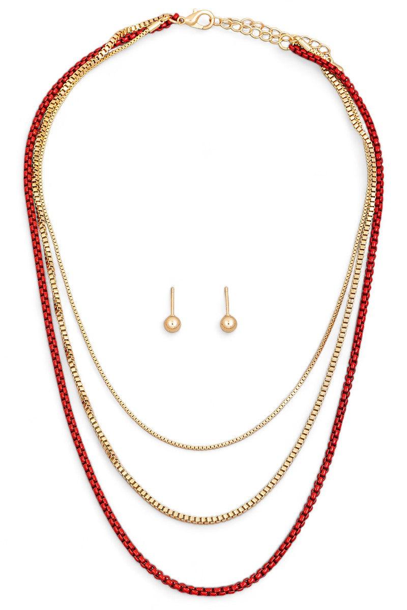 3 Layer Assorted Chain Necklace Small Ball Earring Set-4