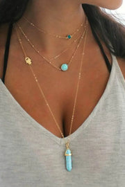Gold Turquoise Gemstone Pendant Multi-Layered Necklace-1