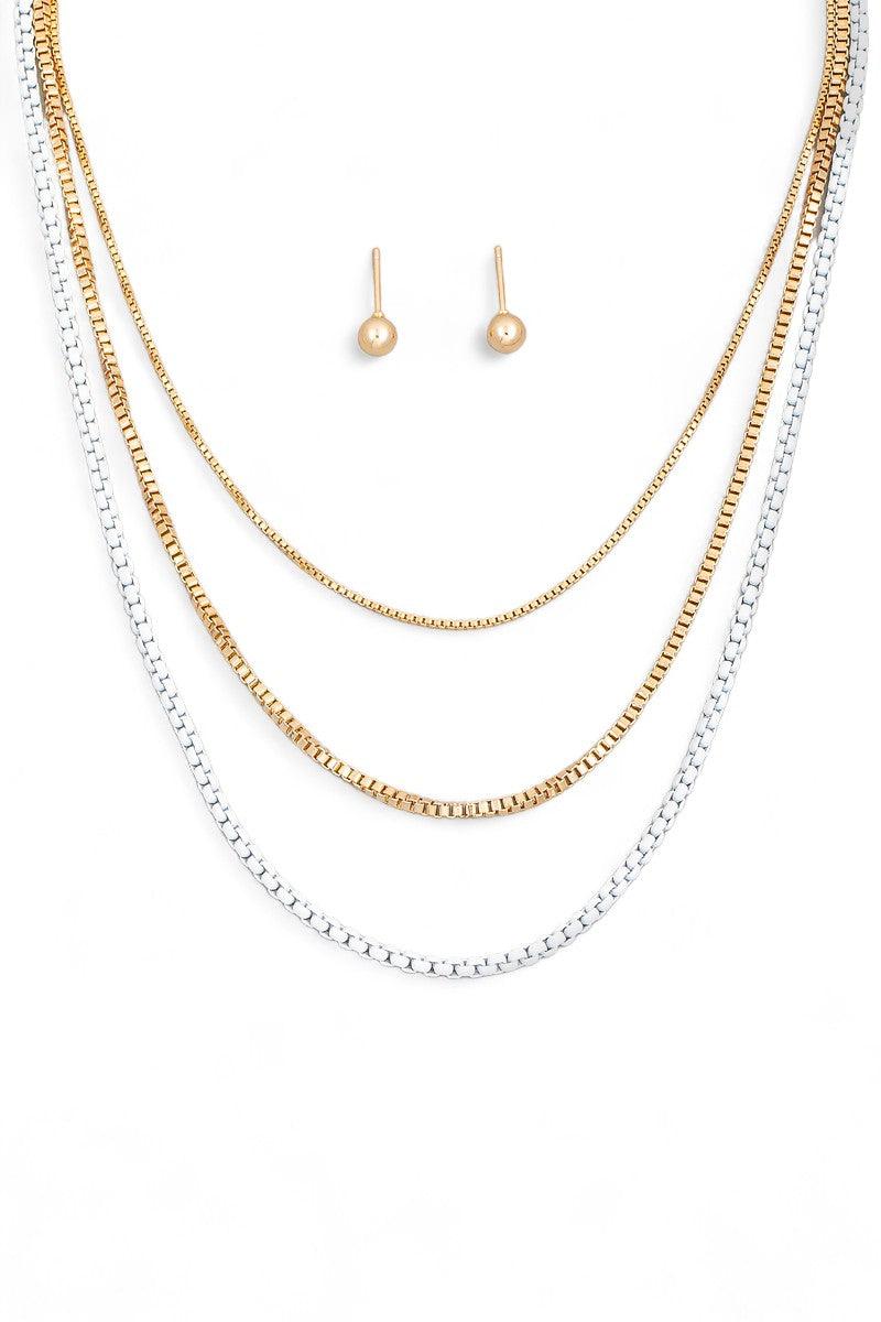 3 Layer Assorted Chain Necklace Small Ball Earring Set-2