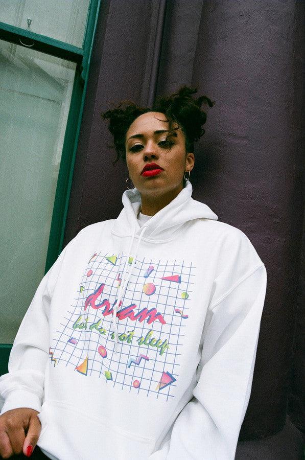 90s Grid Design Printed On A White Cotton Hoodie-0