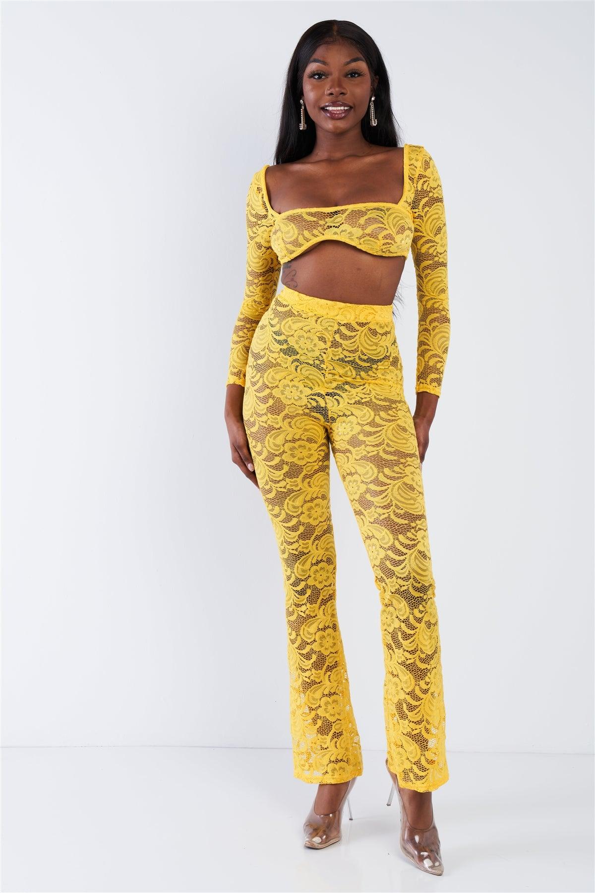 Yellow Sheer Floral Lace Crop Top & Flare Pant Set-0