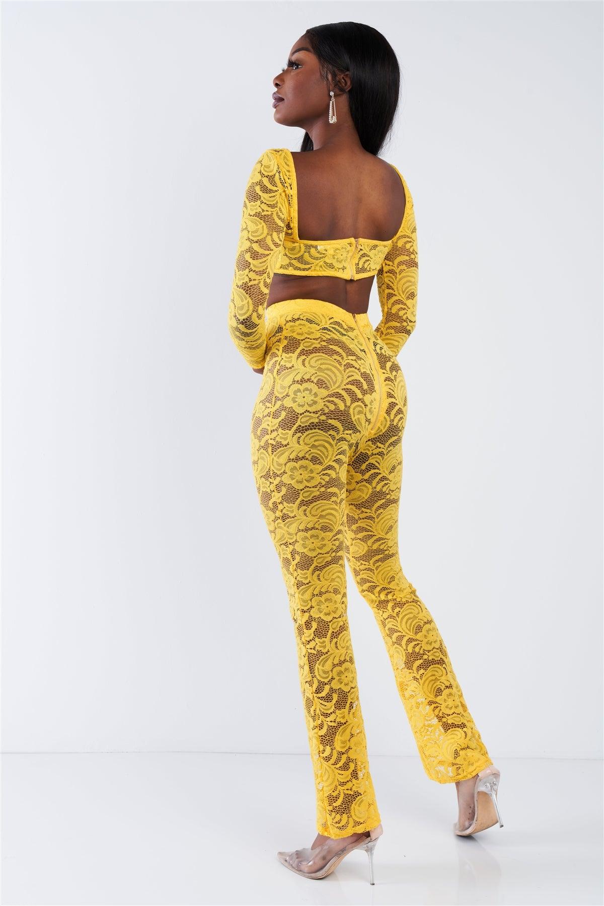 Yellow Sheer Floral Lace Crop Top & Flare Pant Set-1