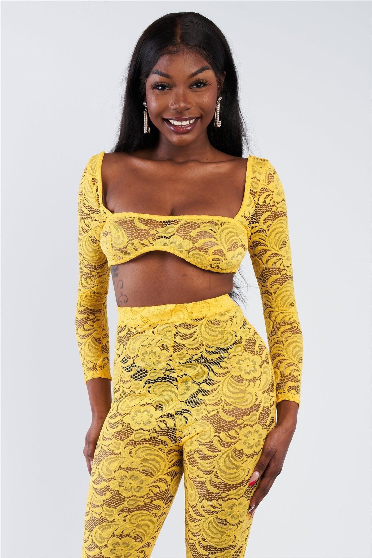 Yellow Sheer Floral Lace Crop Top & Flare Pant Set-2