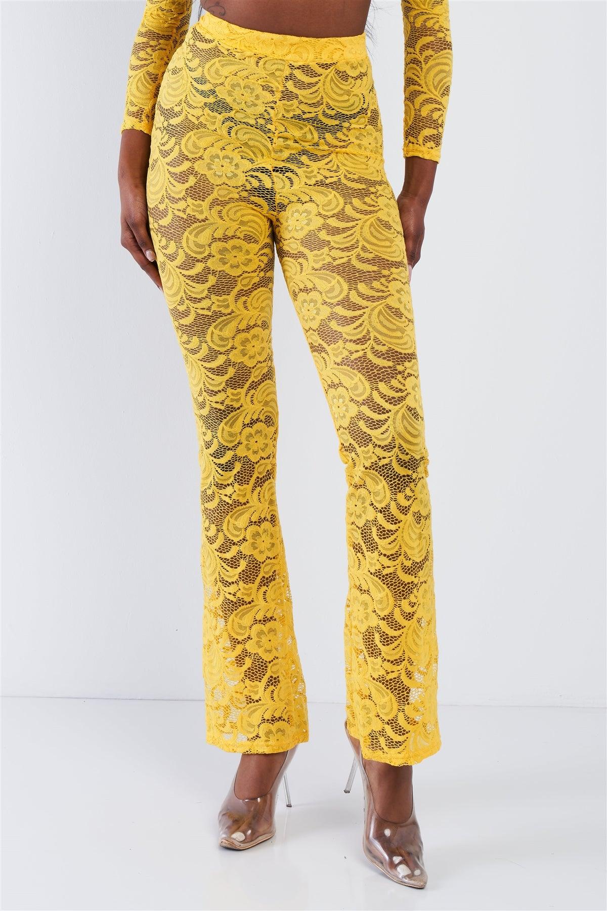 Yellow Sheer Floral Lace Crop Top & Flare Pant Set-3