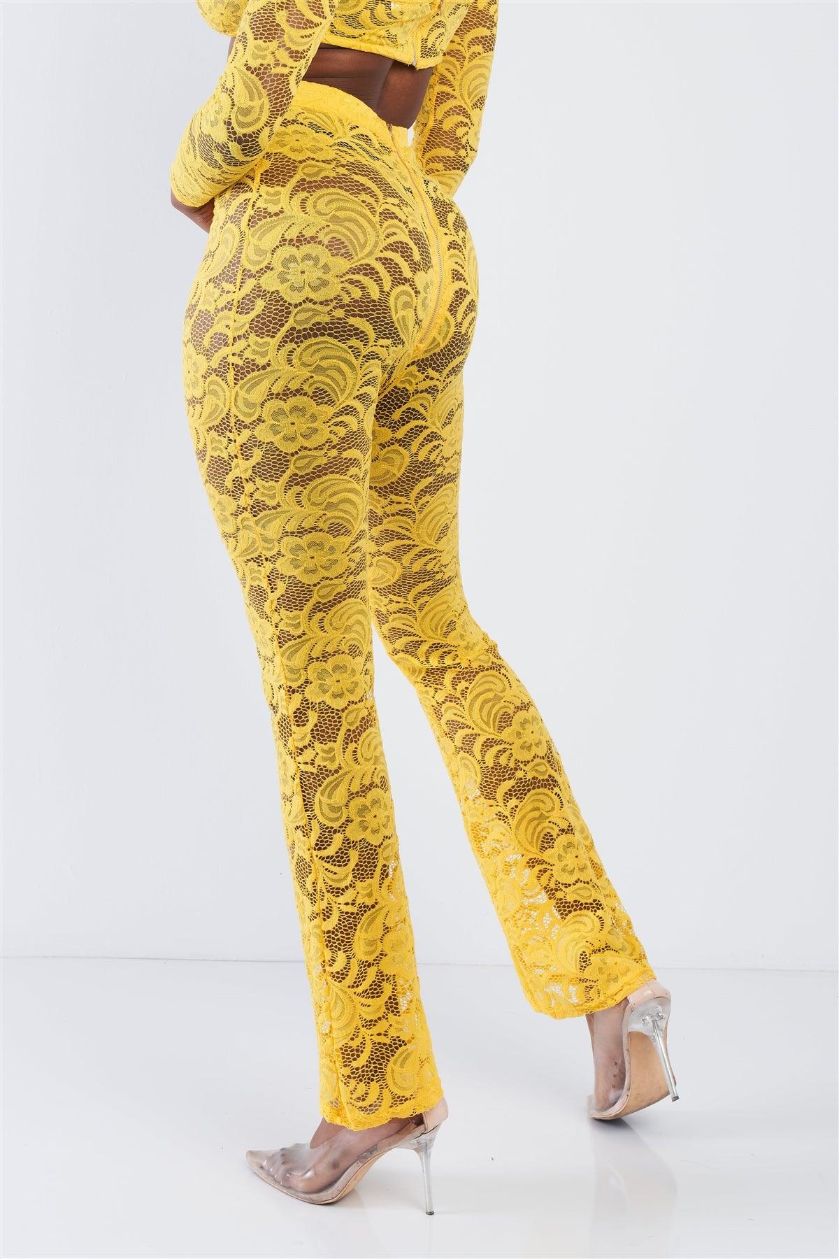 Yellow Sheer Floral Lace Crop Top & Flare Pant Set-4