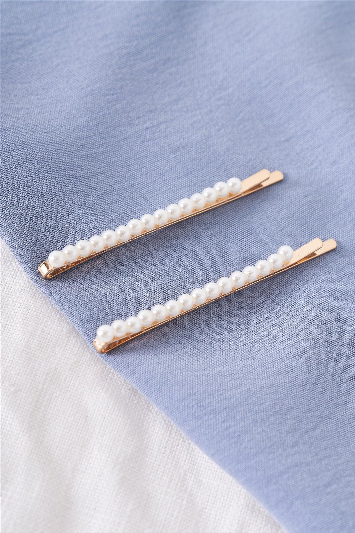 3pcs String of Pearls Gold Metal Hair Bobby Pins-0