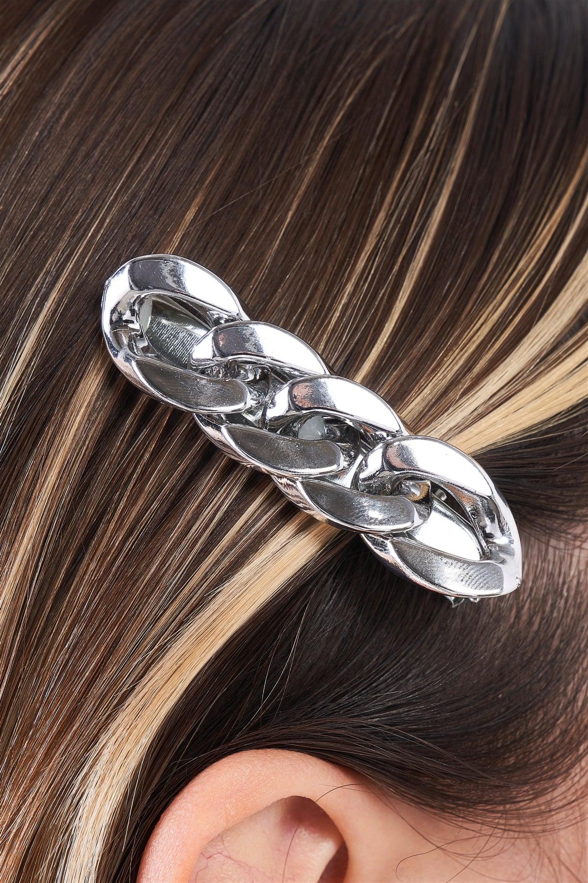 3pcs Glossy Metallic Silver Chain Link Alligator Hair Clip-0