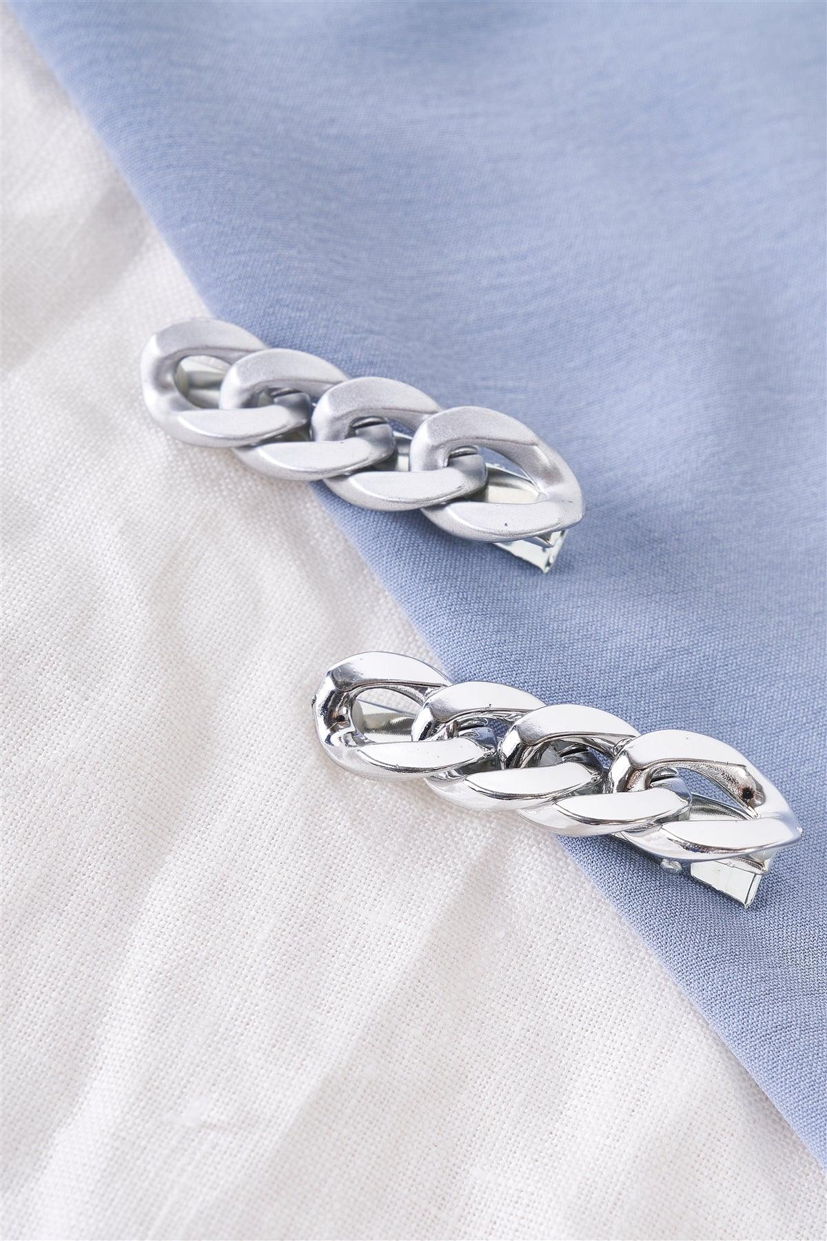 3pcs Glossy Metallic Silver Chain Link Alligator Hair Clip-3