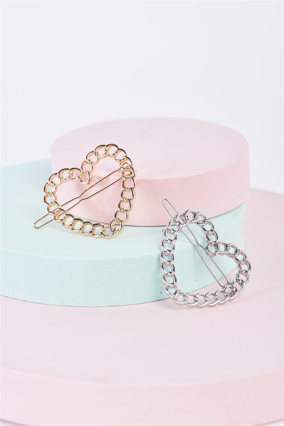 3pcs Gold Heart Chain Link Back Closure Hair Clip-0