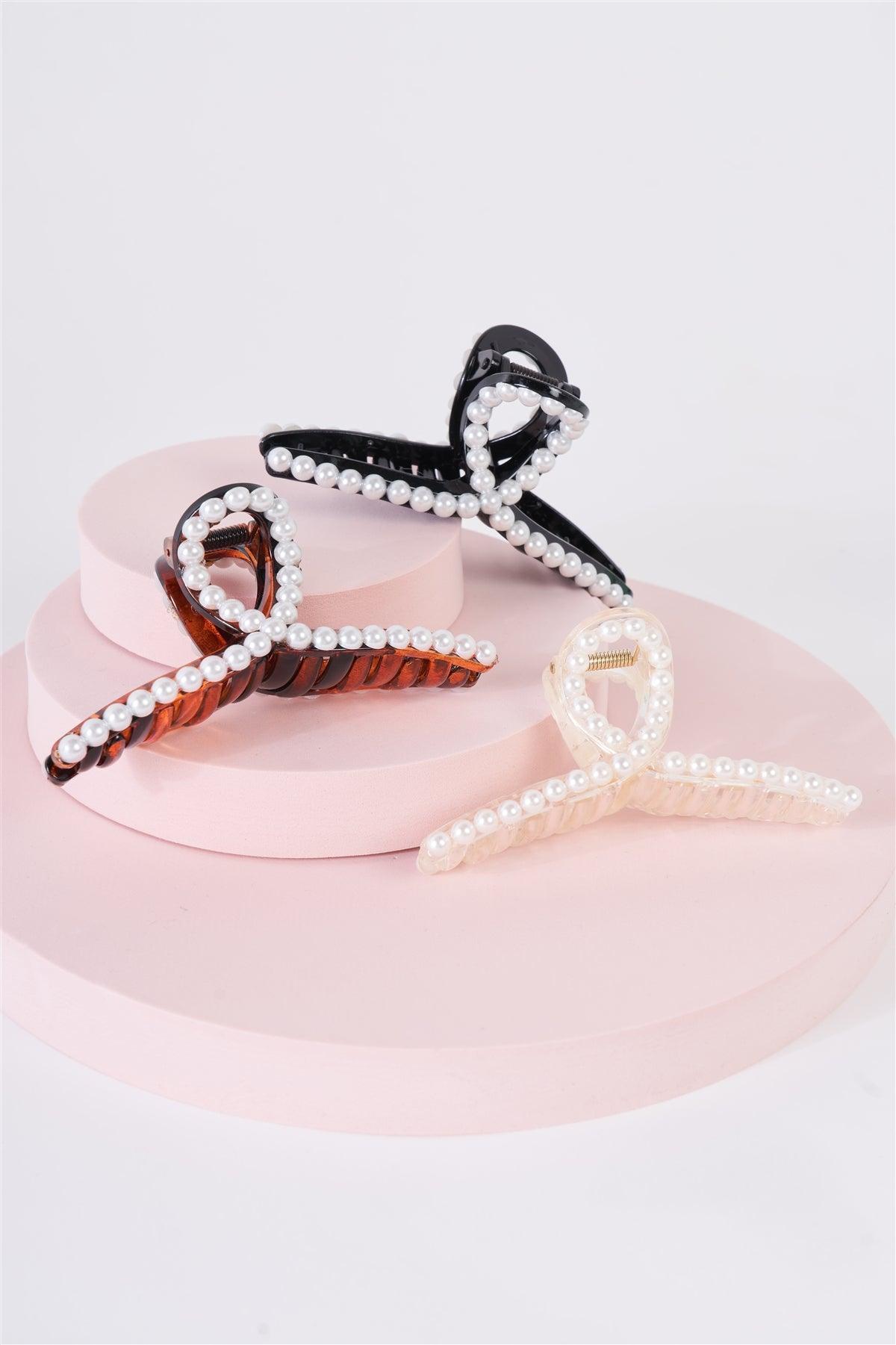 3pcs Thin Loopy Pearl Trim Claw Hair Clip Set-1