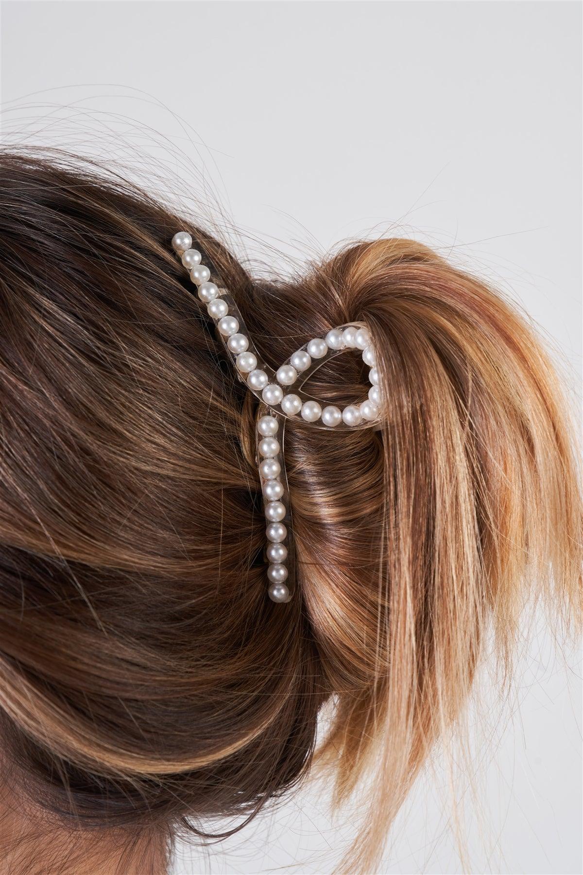 3pcs Thin Loopy Pearl Trim Claw Hair Clip Set-0