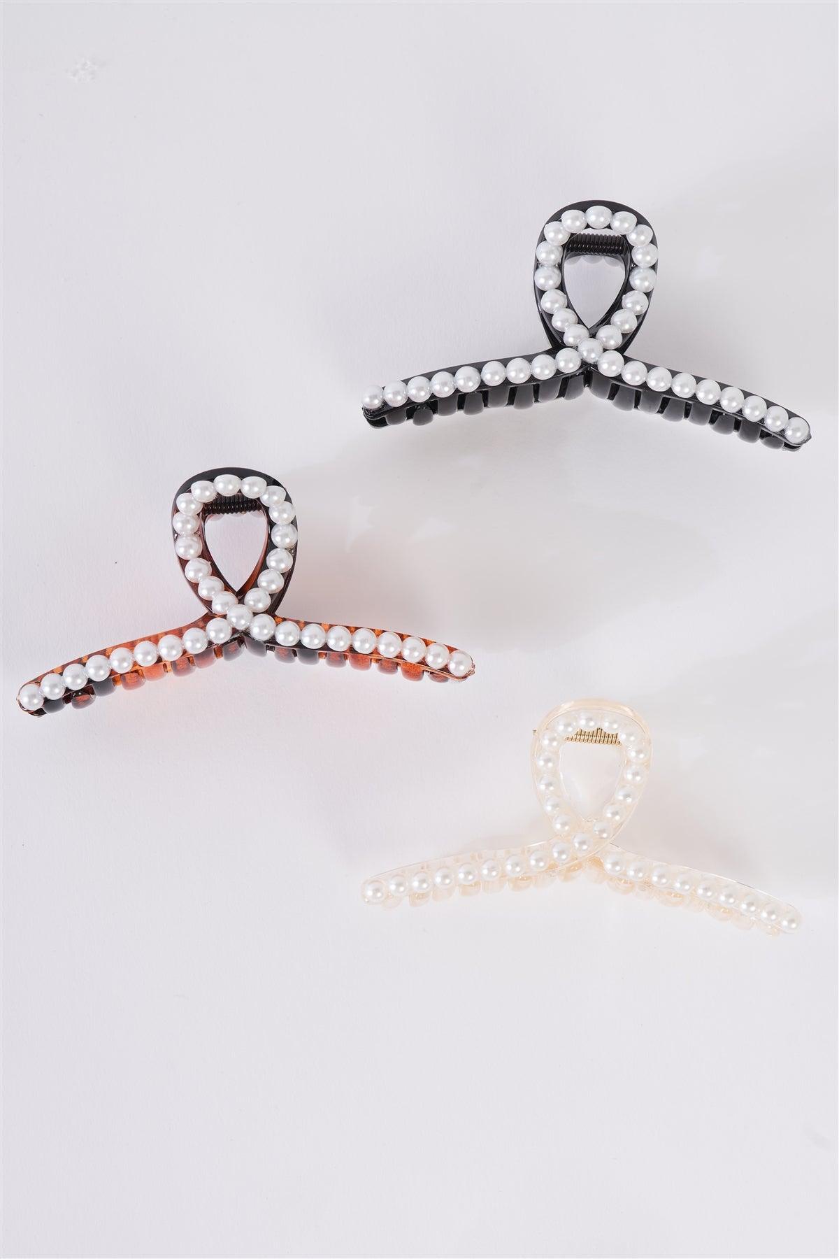 3pcs Thin Loopy Pearl Trim Claw Hair Clip Set-2