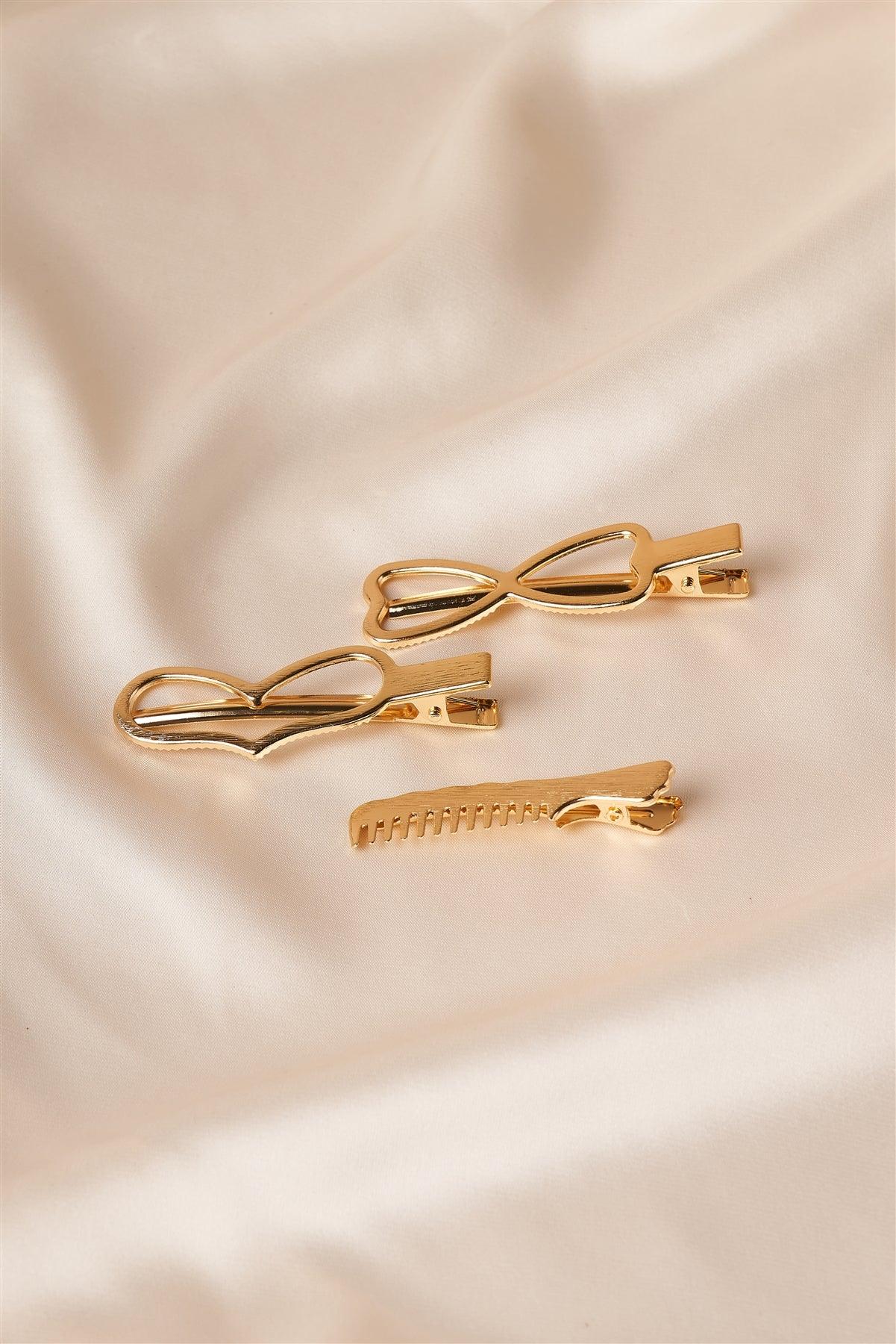 3pcs Gold Heart Shaped Hollow Hair Clips-0