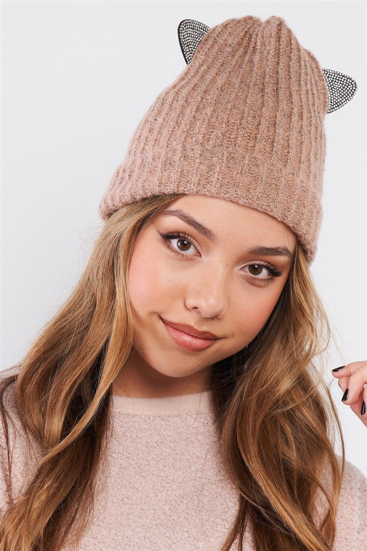 Pink Rhinestone Cat Ears Glitter Woven Knit Beanie-1