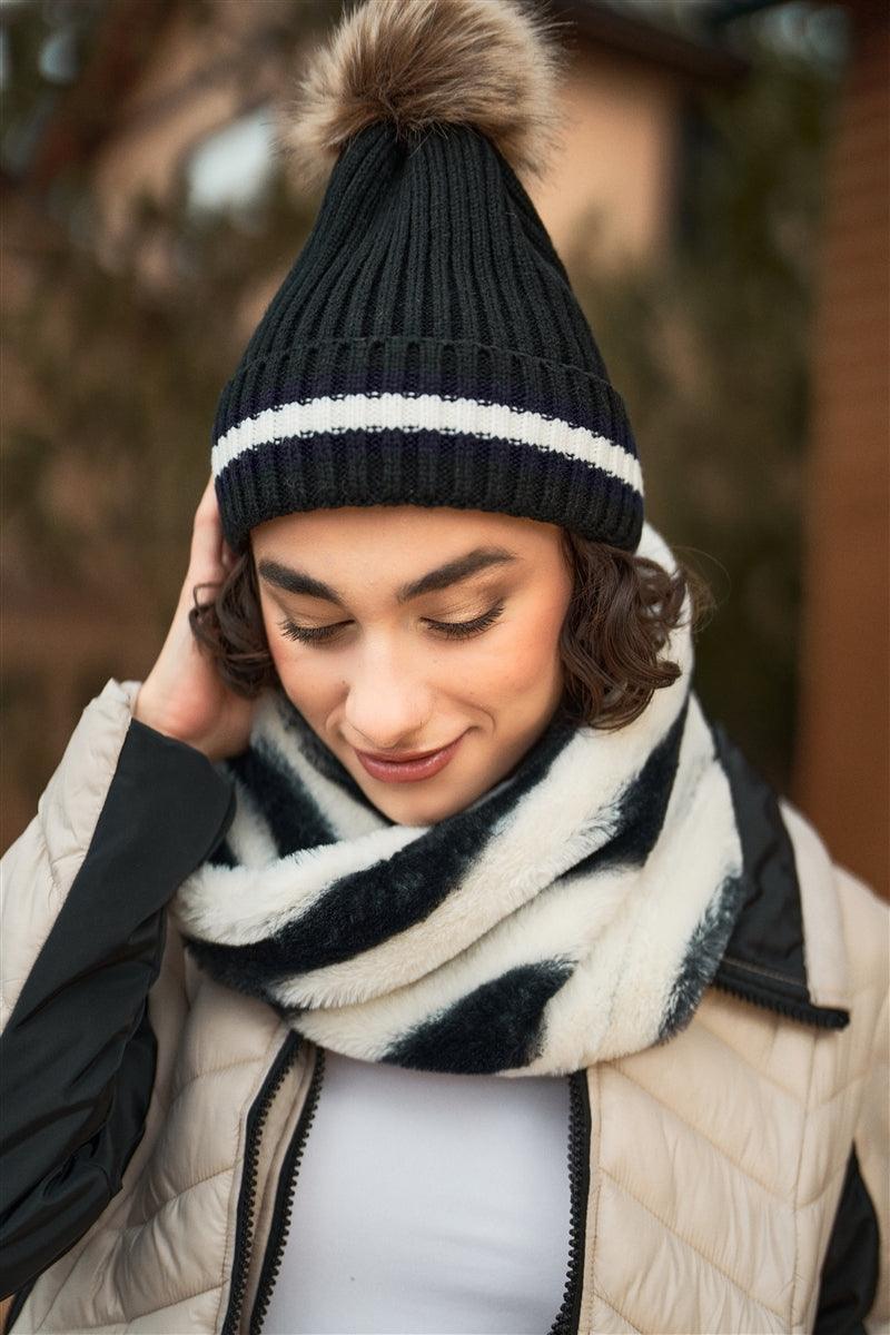 Zebra Striped Fuzzy Faux Fur Twisted Infinity Scarf-0