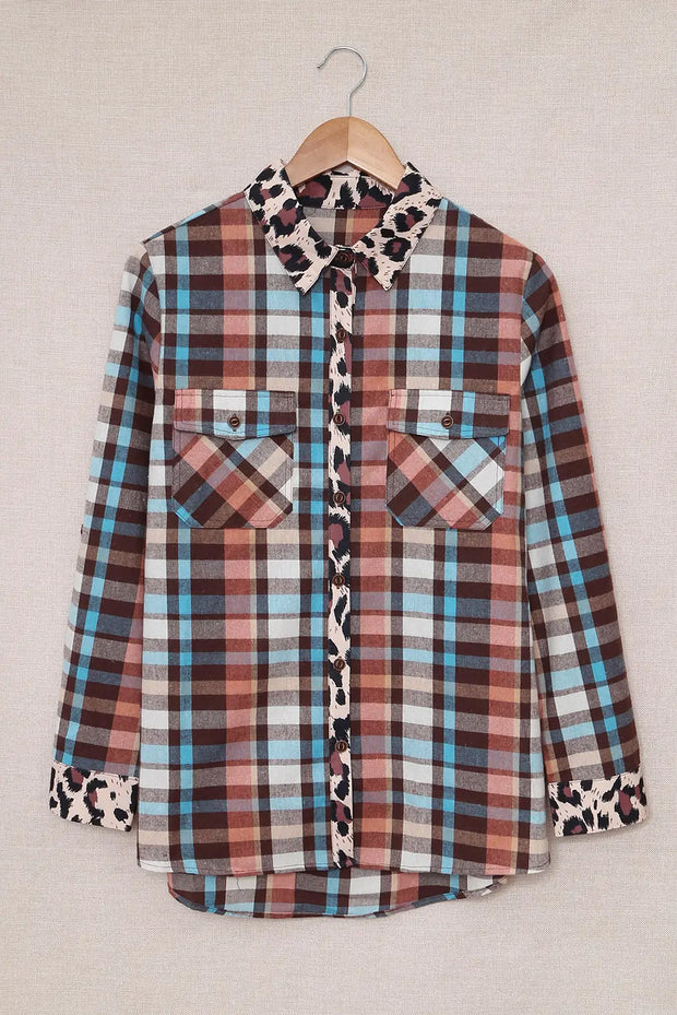 Multicolor Plaid Print Leopard Trim Shirt Jacket-6