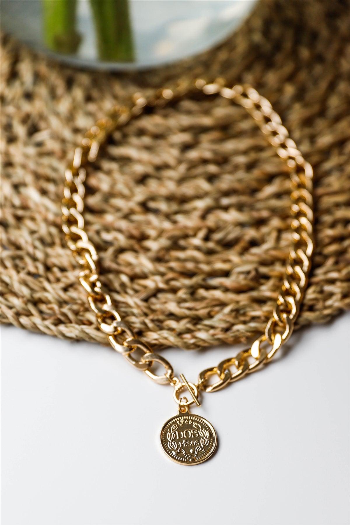 "Dos Pesos" Gold Chunky Link Chain Coin Pendant Necklace-1