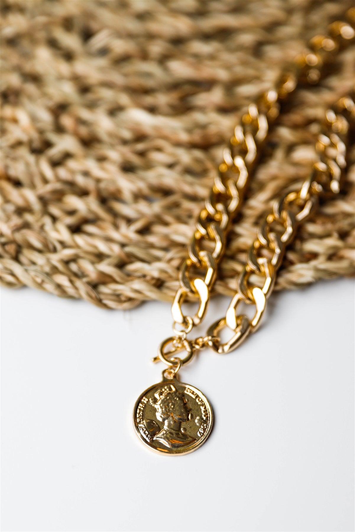 "Dos Pesos" Gold Chunky Link Chain Coin Pendant Necklace-2