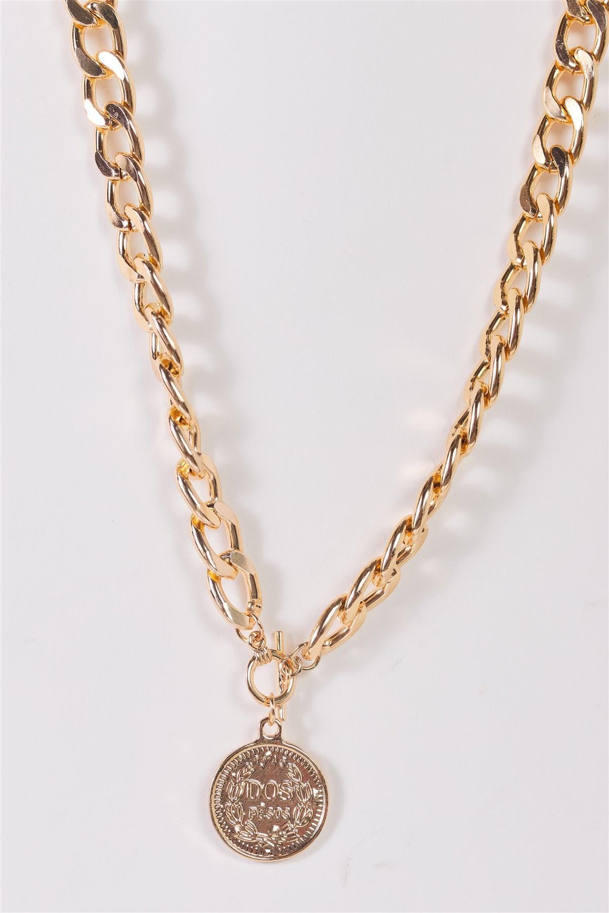 "Dos Pesos" Gold Chunky Link Chain Coin Pendant Necklace-0