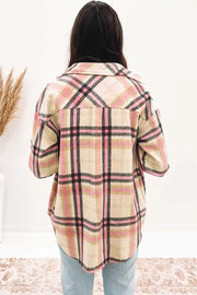 Pink Plaid Button Front Chest Pocket Shacket-7