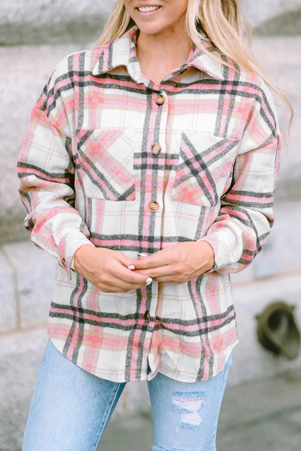 Pink Plaid Button Front Chest Pocket Shacket-5