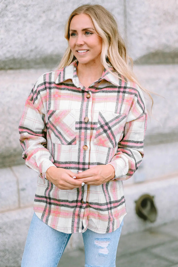 Pink Plaid Button Front Chest Pocket Shacket-0
